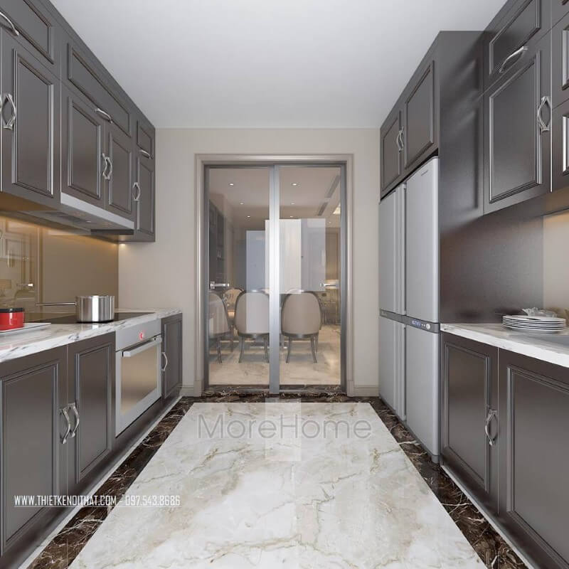 Không gian phòng bếp được thiết kế hình chữ U tạo nên sự riêng biệt và tiện nghi nhất cho người nội trợ Thiết kế phòng bếp, tủ bếp đẹp