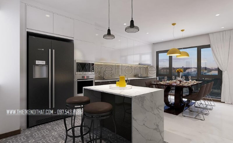 Thiết kế nội thất phòng ăn, phòng bếp xen kẽ tạo nên nét đẹp hiện đại, độc đáo cho biệt thự, nhà phố. Thiết kế phòng bếp, tủ bếp đẹp