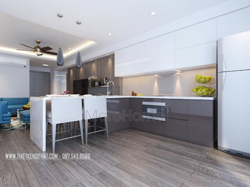 Nội thất phòng bếp hiện đại được thiết kế liền kề với không gian phòng khách giúp cho gia chủ có một không gian dùng bữa thuận tiện và ấm cúng hơn Nội thất phòng bếp