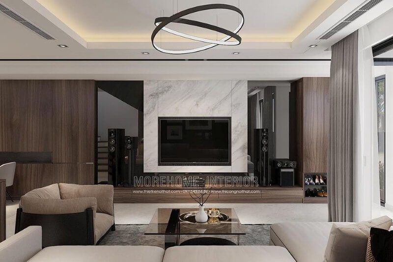 Trang trí phòng khách hiện đại đẹp ấn tượng với đá marble điểm nhấn