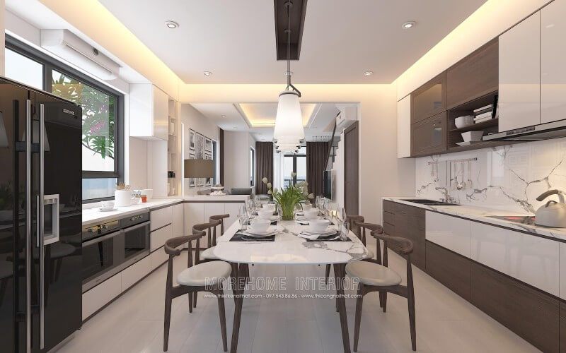 Thiết kế tủ bếp âm tường vô cùng ấn tượng, lạ mắt, tủ bếp kiểu dáng chữ i kết hợp chữ L được đặt đối diện song song với nhau tạo sự thuận tiện cho gia chủ trong quá trình di chuyển nấu nướng