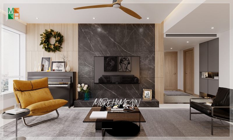 Đá ốp vách tivi màu đen đẹp tinh tế và sang trọng mang đến sức cuốn hút nổi bật khi bước chân vào căn phòng.